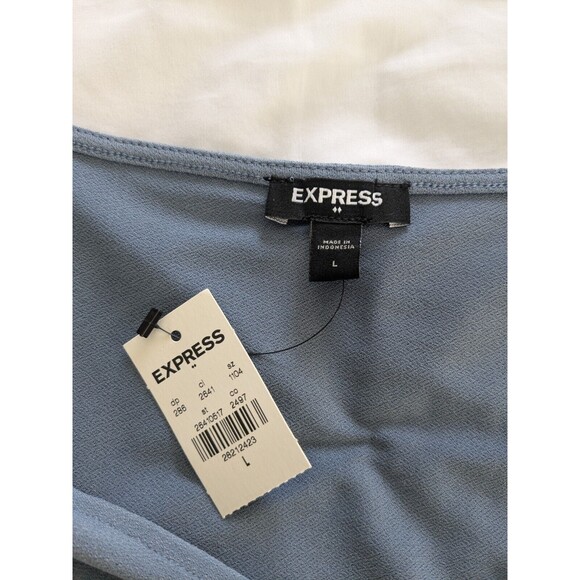 Express Top Womens L Textured Stretch Sleeveless Vneck Tucks Blue Peplum Sash - Picture 3 of 8